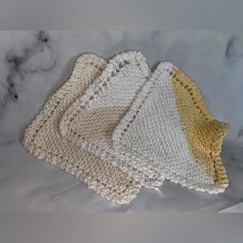 3 Vintage Hand Knit Washcloths Dish Rag ⚡️